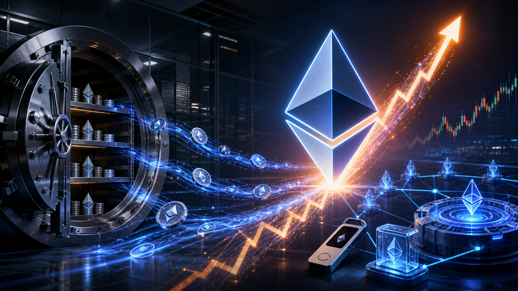 Des tokens Ethereum quittent un coffre d’exchange vers des validateurs de staking et la DeFi