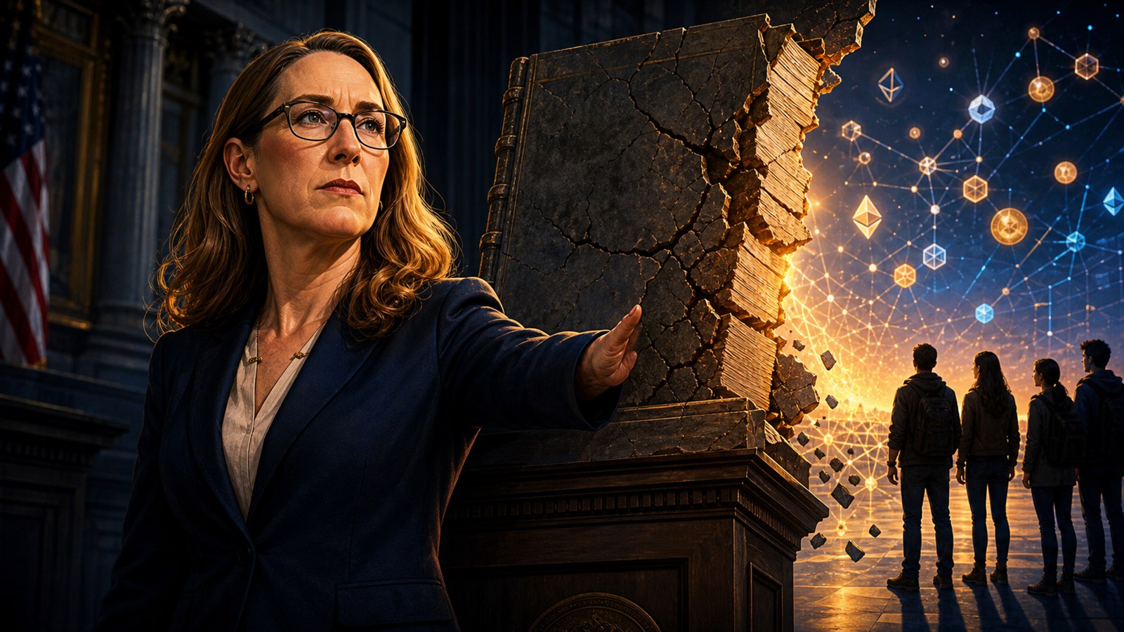 Hester Peirce devant un ancien règlement fissuré ouvrant sur une infrastructure blockchain