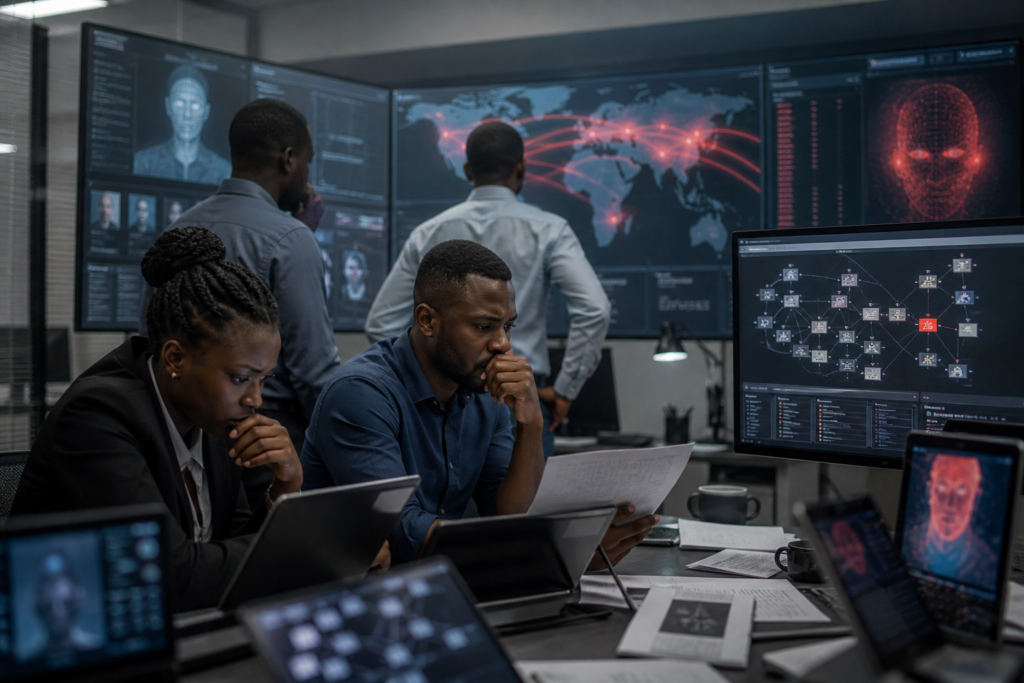 IA Afrique : les cybercriminels adoptent l’IA plus vite que les polices Enquêteurs africains analysant des cyberattaques alimentées par l’intelligence artificielle