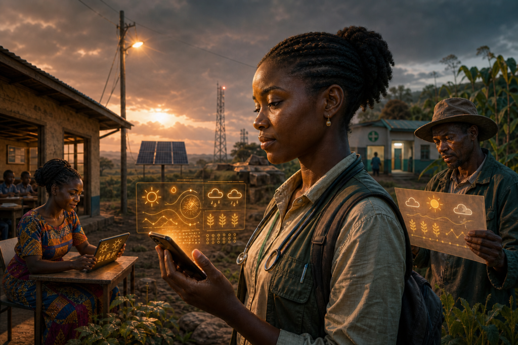 Professionnelle africaine utilisant une intelligence artificielle sur téléphone près d'une école rurale et de panneaux solaires