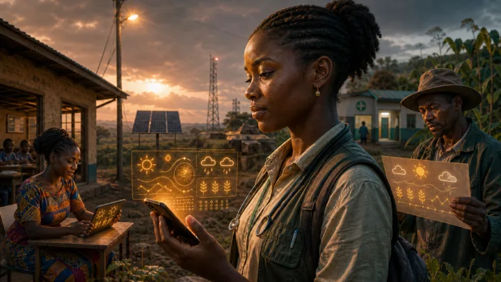 Professionnelle africaine utilisant une intelligence artificielle sur téléphone près d'une école rurale et de panneaux solaires