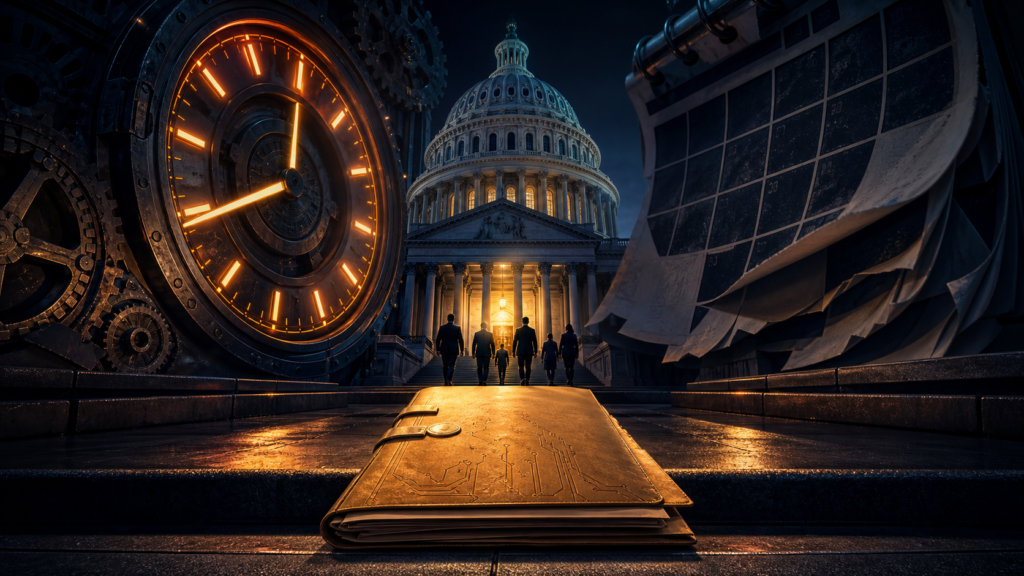 Capitole américain avec une horloge et un calendrier symbolisant les 14 jours restant pour la Loi Clarity