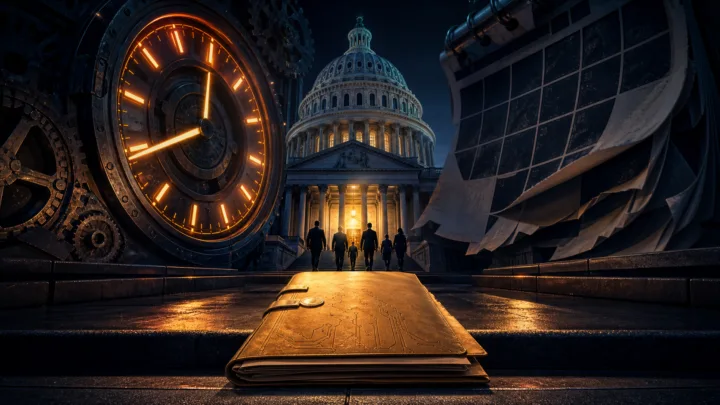 Capitole américain avec une horloge et un calendrier symbolisant les 14 jours restant pour la Loi Clarity