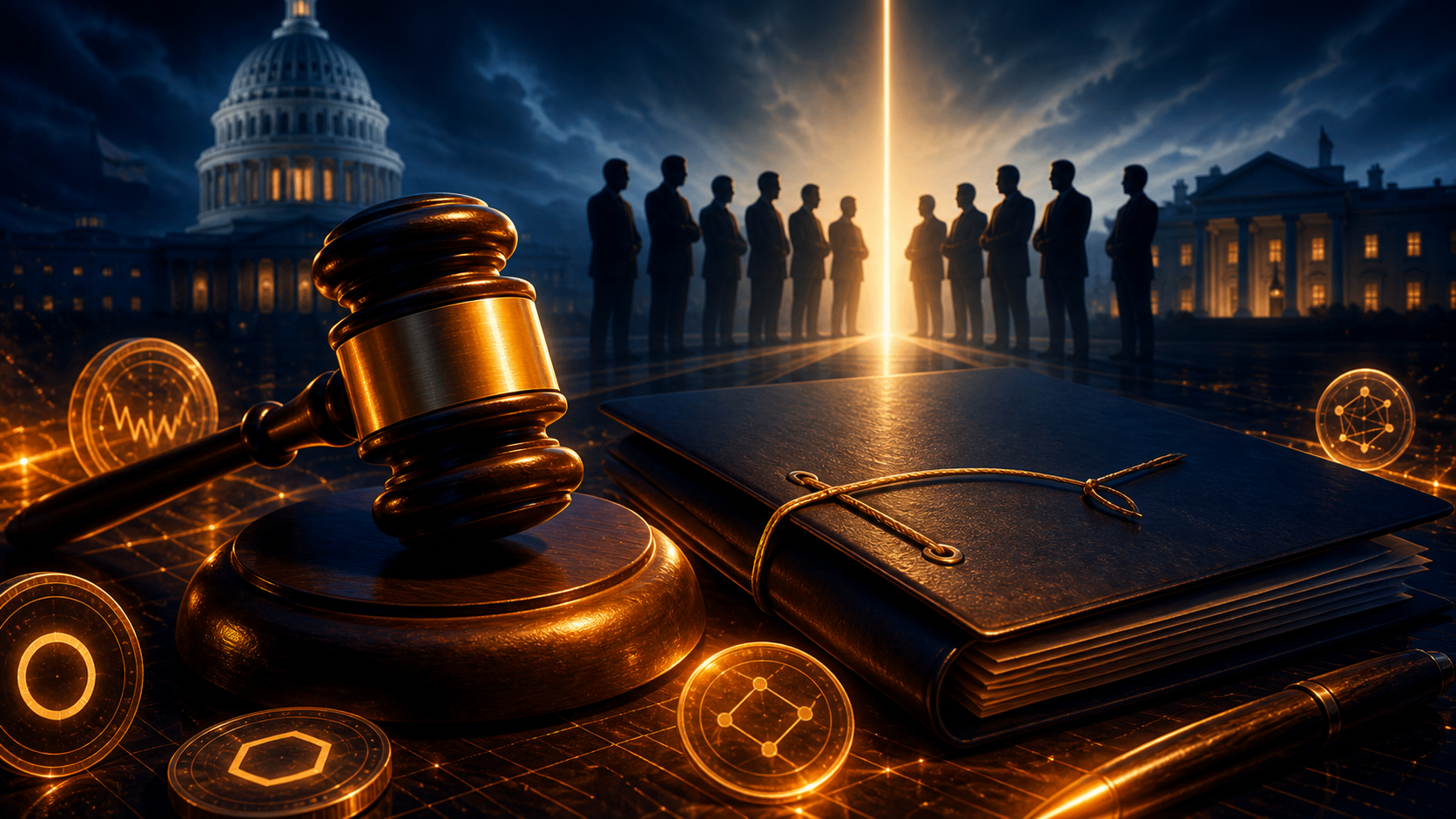 Marteau de justice devant des silhouettes politiques et des symboles crypto abstraits pour représenter le vote de la Loi Clarity