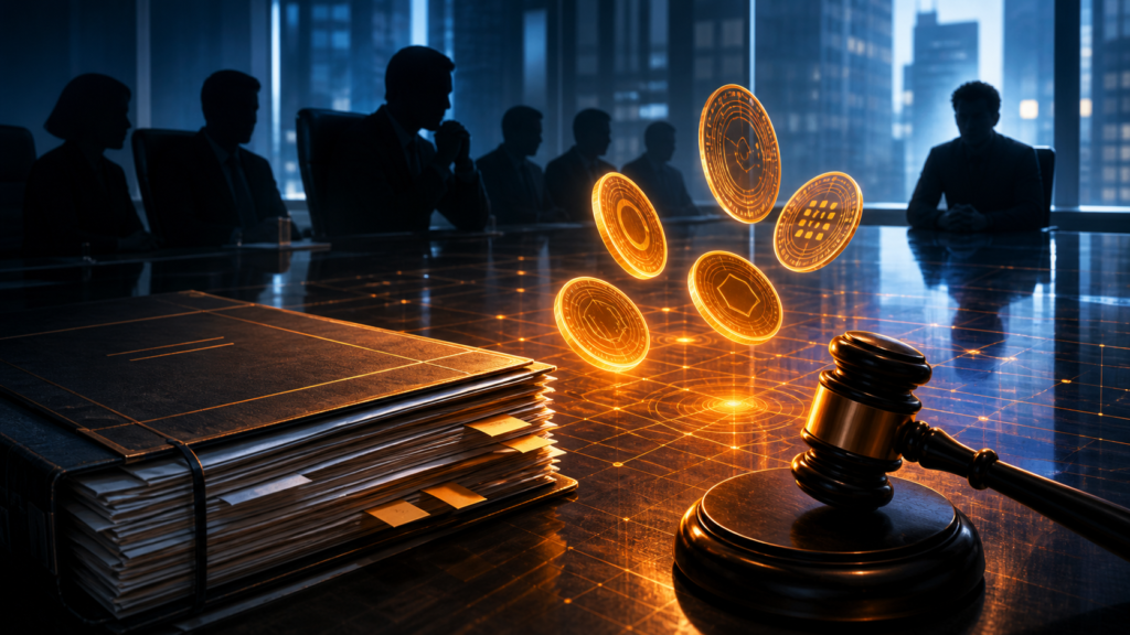 Marteau de justice et tokens abstraits sur une table de réunion pour illustrer les nouvelles règles de la SEC