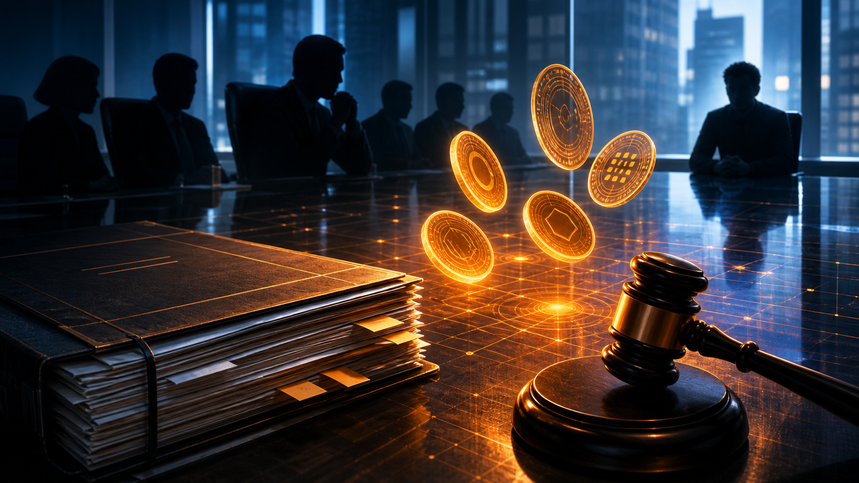 Marteau de justice et tokens abstraits sur une table de réunion pour illustrer les nouvelles règles de la SEC
