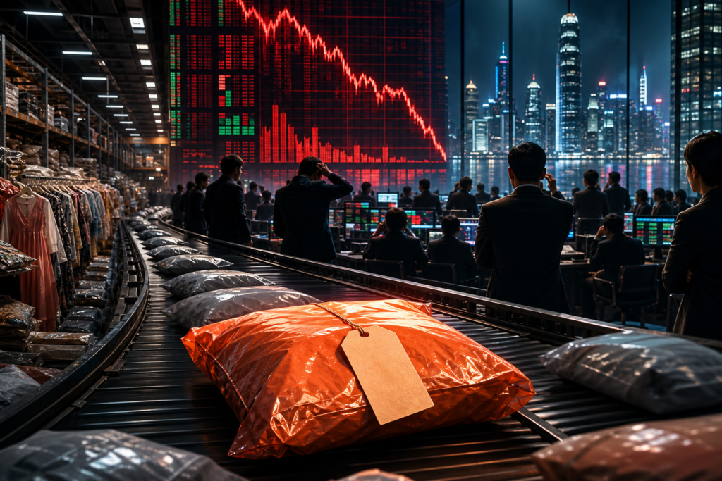 Un colis de fast fashion face aux écrans de marché de Hong Kong