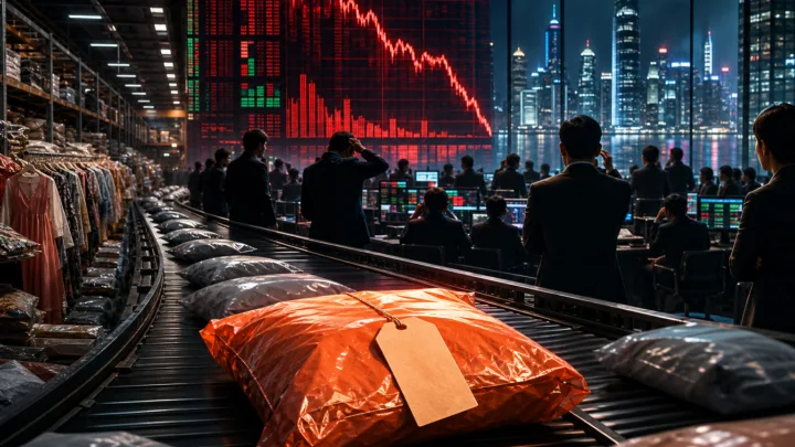 Un colis de fast fashion face aux écrans de marché de Hong Kong