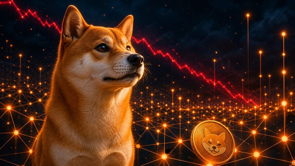 Chien Shiba Inu devant un réseau blockchain actif et une courbe de marché en baisse