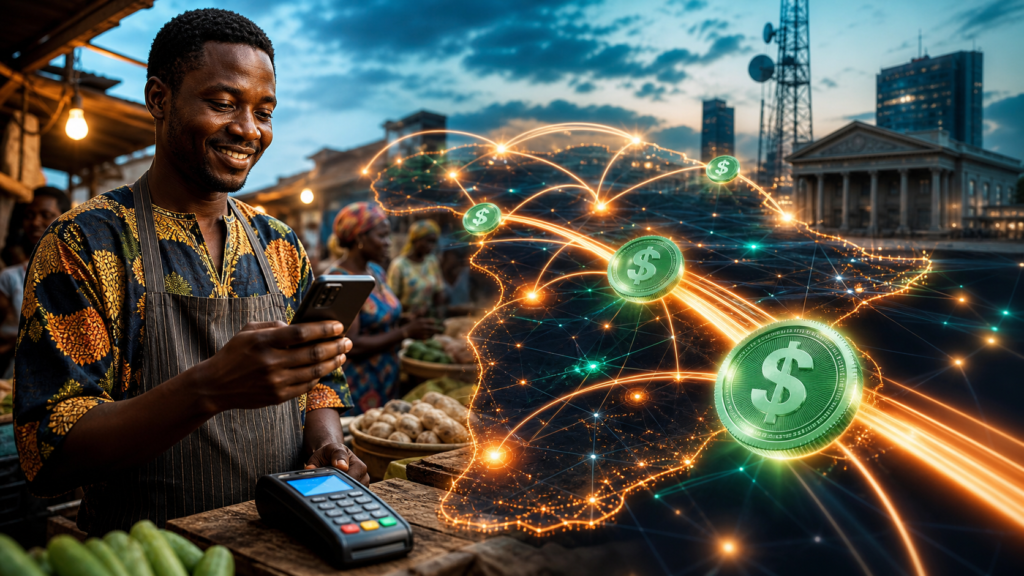 Commerçant africain utilisant un paiement en stablecoin sur un réseau transfrontalier