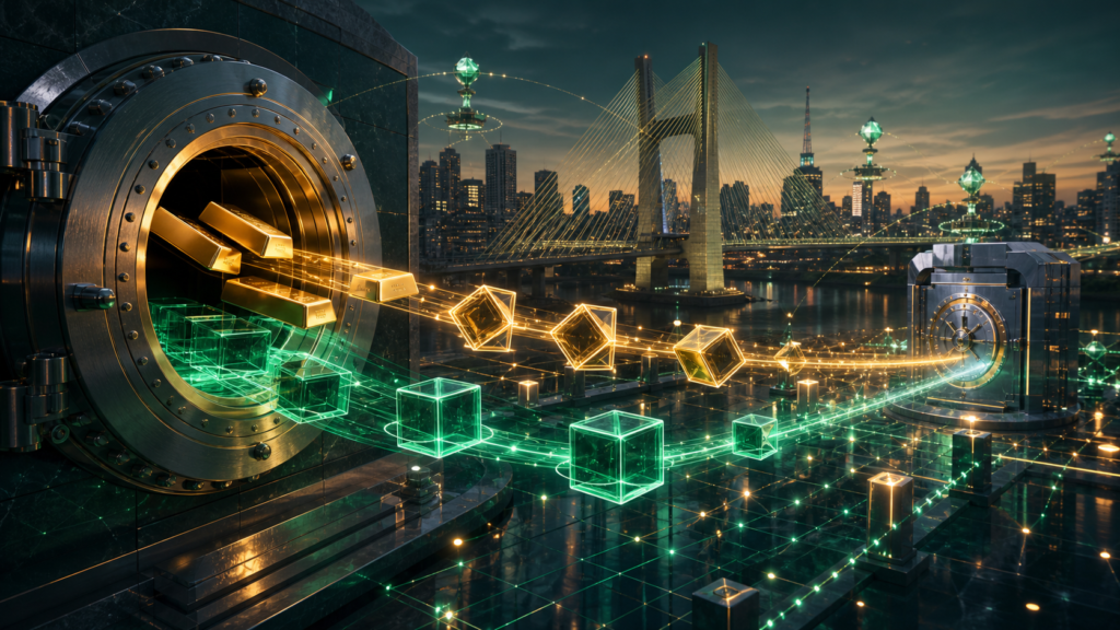 Des actifs financiers abstraits circulent entre deux coffres sur un réseau blockchain à São Paulo