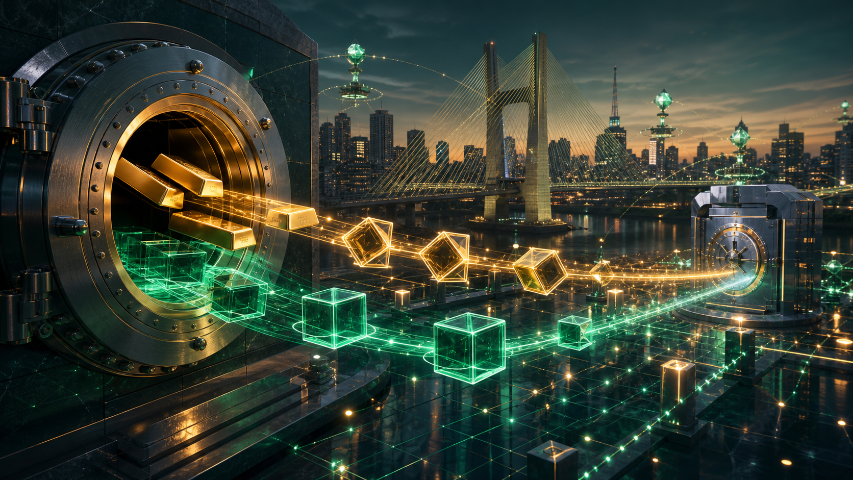 Des actifs financiers abstraits circulent entre deux coffres sur un réseau blockchain à São Paulo