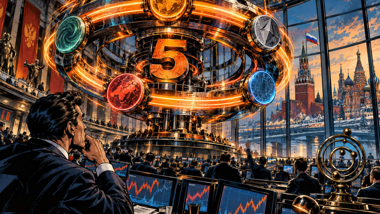 Cinq actifs crypto tournent sur un anneau de trading perpétuel dans une salle de marché à Moscou.