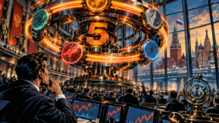 Cinq actifs crypto tournent sur un anneau de trading perpétuel dans une salle de marché à Moscou.