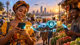 Une utilisatrice africaine achète des cryptomonnaies avec Mobile Money auprès d’un commerçant