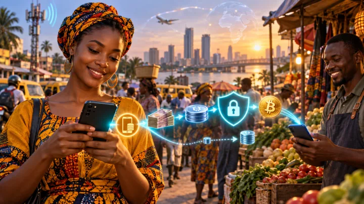 Une utilisatrice africaine achète des cryptomonnaies avec Mobile Money auprès d’un commerçant