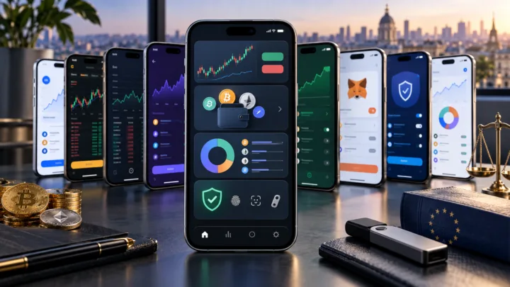 Plusieurs applications crypto sont comparées sur des smartphones selon le trading, la garde et la sécurité