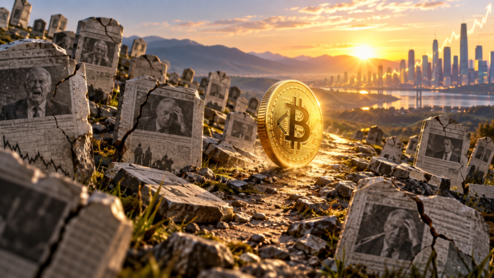 Un Bitcoin progresse au-delà de pierres tombales symbolisant ses nombreuses morts annoncées