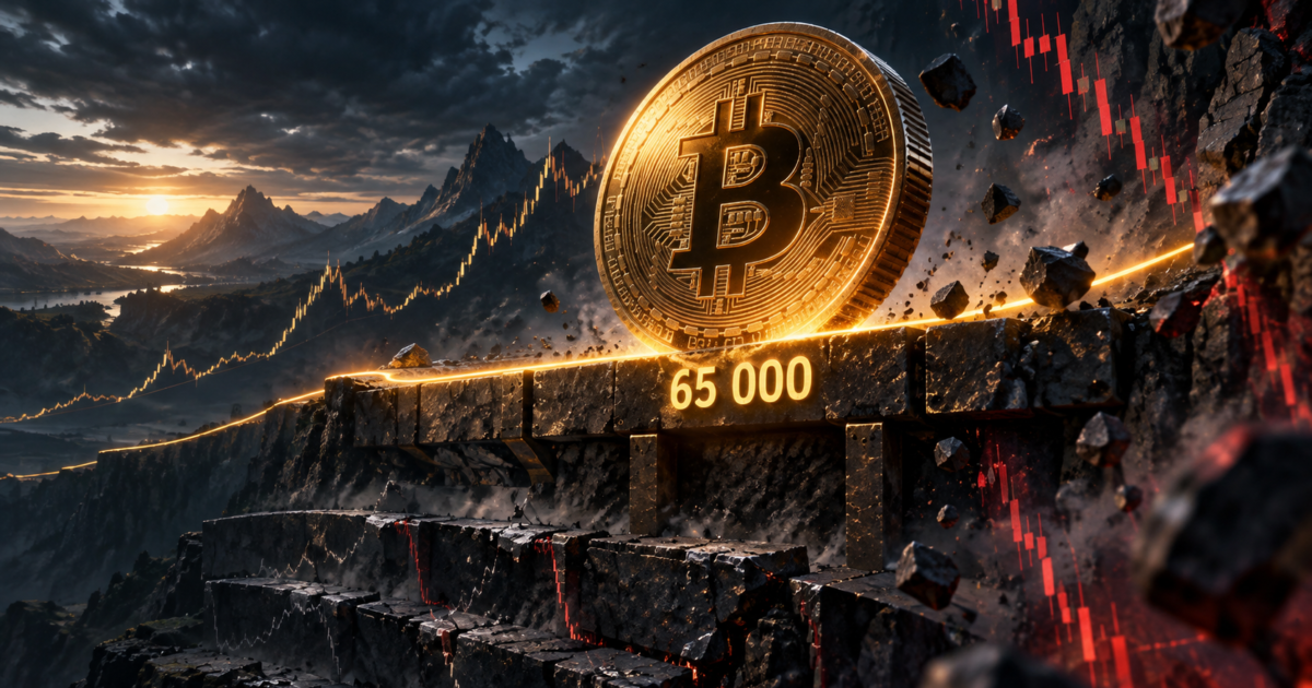 Un bitcoin résiste au-dessus d’un support fissuré marqué 65 000 sur un graphique de long terme