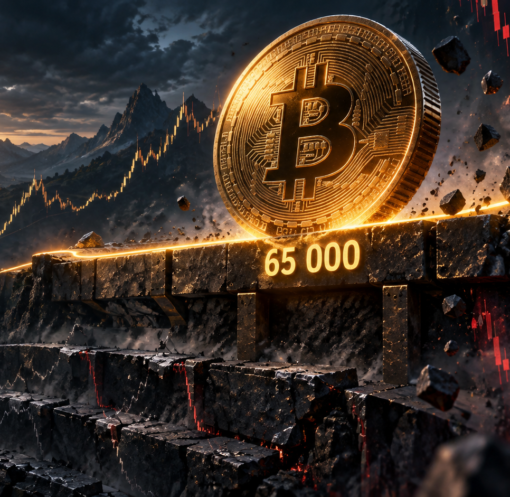 Un bitcoin résiste au-dessus d’un support fissuré marqué 65 000 sur un graphique de long terme