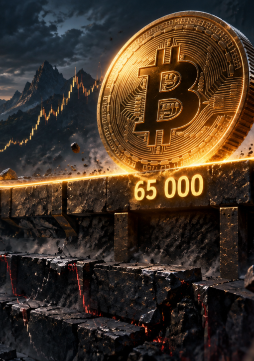 Un bitcoin résiste au-dessus d’un support fissuré marqué 65 000 sur un graphique de long terme