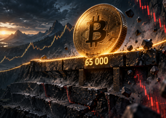 Un bitcoin résiste au-dessus d’un support fissuré marqué 65 000 sur un graphique de long terme