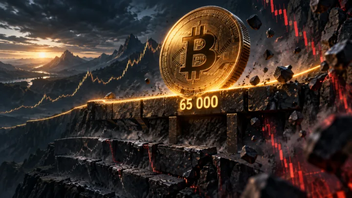Un bitcoin résiste au-dessus d’un support fissuré marqué 65 000 sur un graphique de long terme