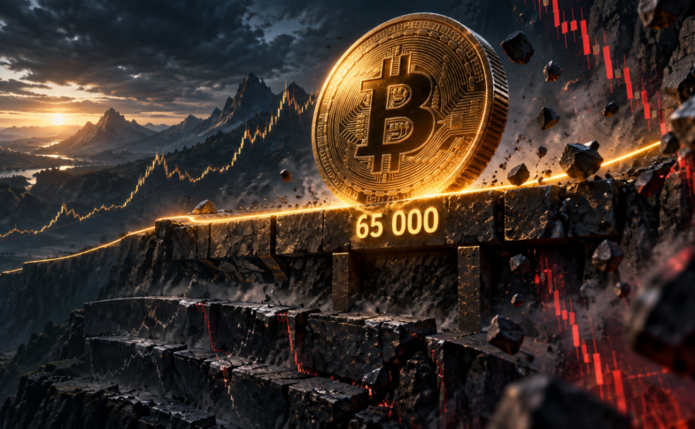 Un bitcoin résiste au-dessus d’un support fissuré marqué 65 000 sur un graphique de long terme