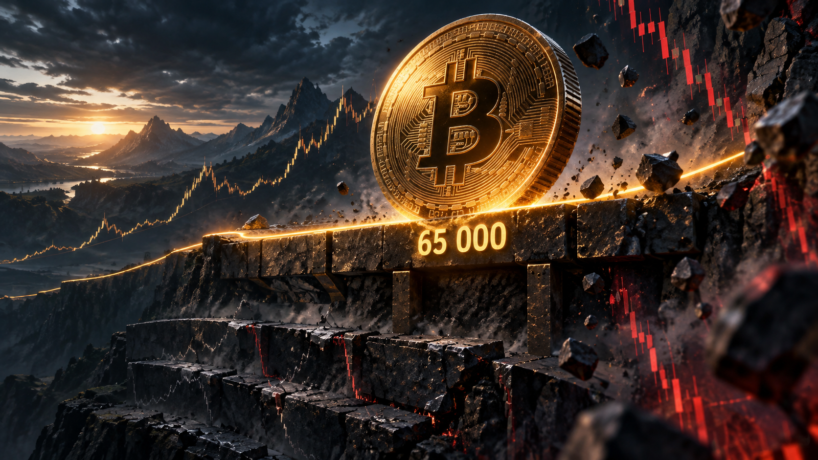 Un bitcoin résiste au-dessus d’un support fissuré marqué 65 000 sur un graphique de long terme