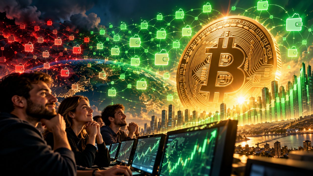Le réseau Bitcoin passe progressivement du rouge au vert autour d’une pièce lumineuse
