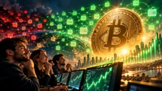 A rede Bitcoin passa gradualmente do vermelho ao verde ao redor de uma moeda luminosa