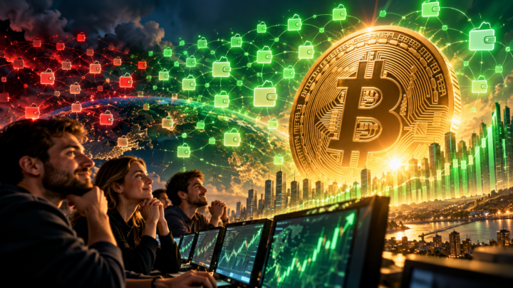 Le réseau Bitcoin passe progressivement du rouge au vert autour d’une pièce lumineuse