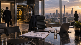 Un fauteuil de direction vide dans un conseil d’administration de Johannesburg près d’un coffre Bitcoin