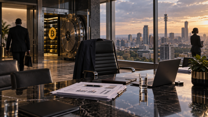 Un fauteuil de direction vide dans un conseil d’administration de Johannesburg près d’un coffre Bitcoin