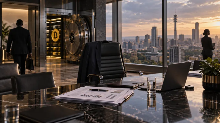 Un fauteuil de direction vide dans un conseil d’administration de Johannesburg près d’un coffre Bitcoin