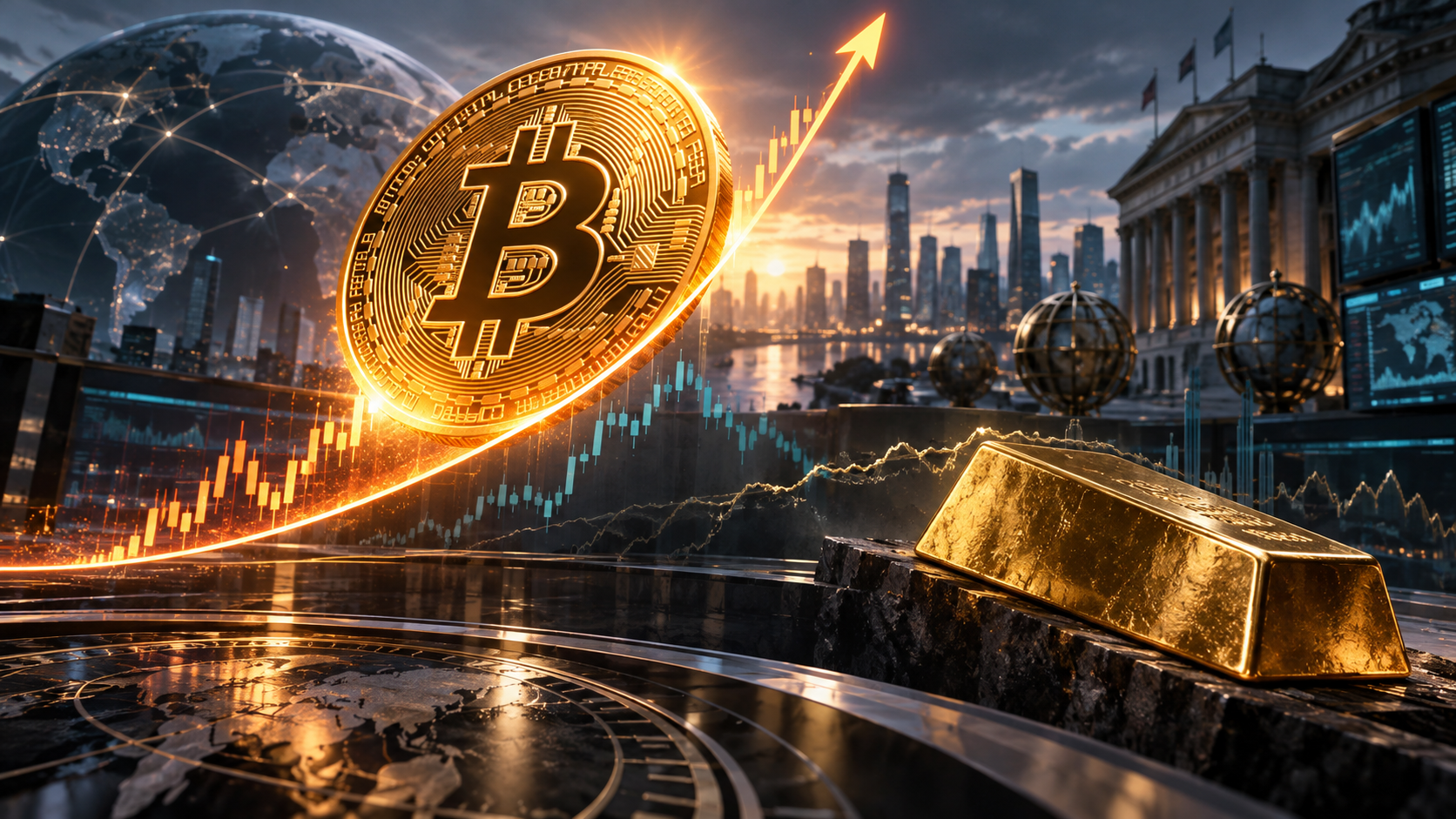 Un Bitcoin lumineux progresse au-dessus d’un lingot d’or sur un observatoire des marchés mondiaux