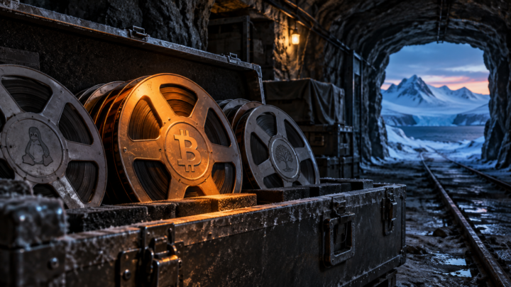 Des bobines de film archivistique dans un coffre arctique, dont une marquée du symbole Bitcoin