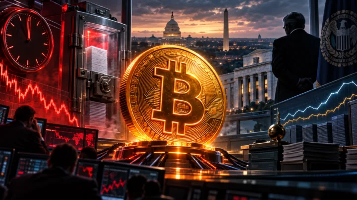 Un Bitcoin lumineux attend l’ouverture de données économiques entre une horloge, Washington et la Réserve fédérale
