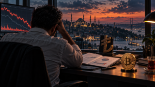 Un investisseur examine des fonds en baisse à Istanbul, près d’un symbole de la lire et d’un bitcoin