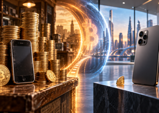 Un smartphone de 2010 entouré de milliers de bitcoins face à un modèle moderne accompagné d’une fraction de BTC