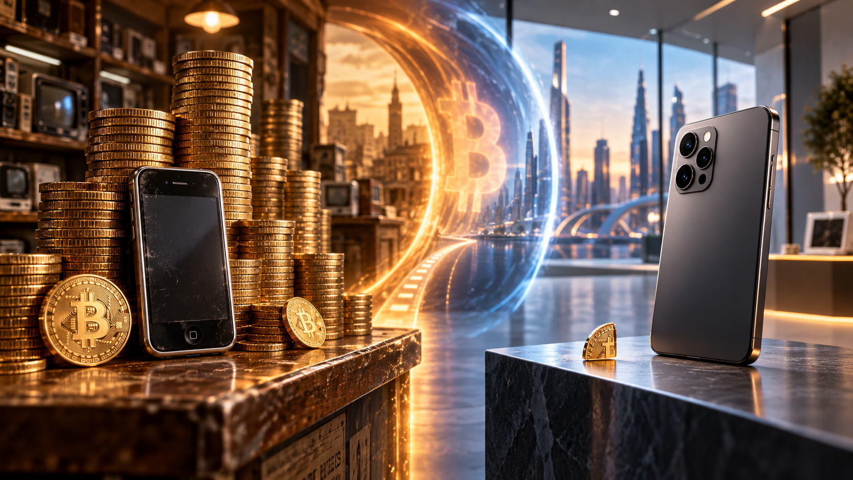 Un smartphone de 2010 entouré de milliers de bitcoins face à un modèle moderne accompagné d’une fraction de BTC