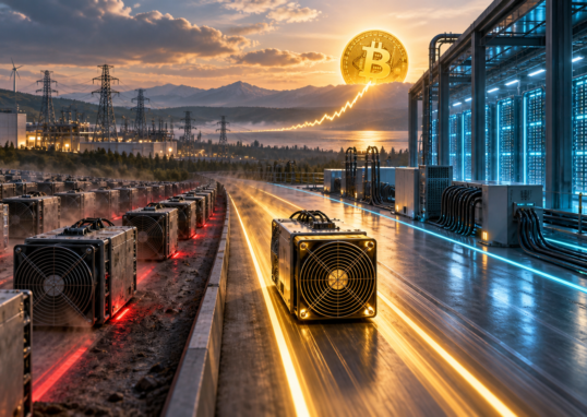 Un mineur Bitcoin isolé suit une trajectoire haussière entre des rangées d’ASIC en retard et un centre de données IA