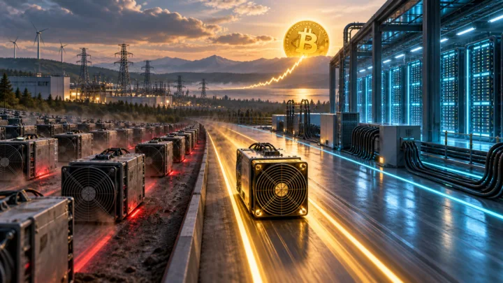 Un mineur Bitcoin isolé suit une trajectoire haussière entre des rangées d’ASIC en retard et un centre de données IA
