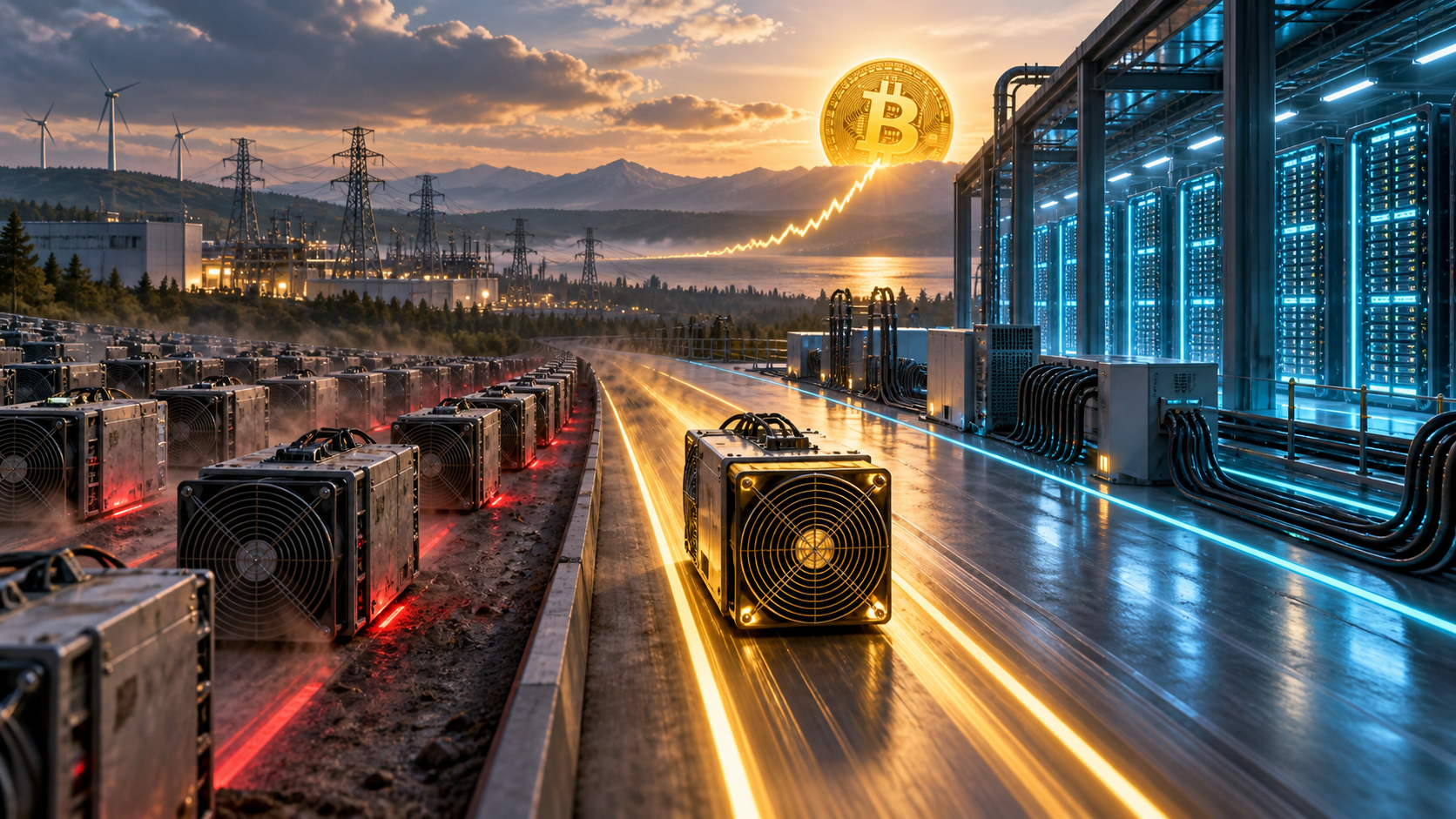 Un mineur Bitcoin isolé suit une trajectoire haussière entre des rangées d’ASIC en retard et un centre de données IA