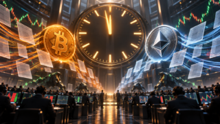 Bitcoin et Ethereum devant une grande horloge alors que des contrats d’options convergent vers leur expiration