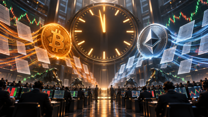 Bitcoin et Ethereum devant une grande horloge alors que des contrats d’options convergent vers leur expiration