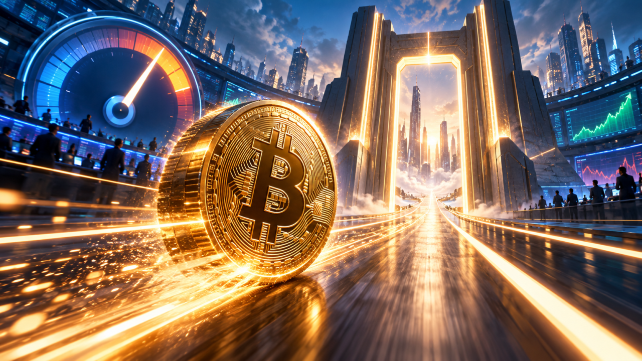 Bitcoin accelerates toward a large glowing doorway as a probability gauge rises