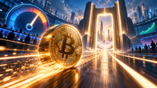 Un Bitcoin accélère vers une grande porte lumineuse tandis qu’un cadran de probabilité progresse