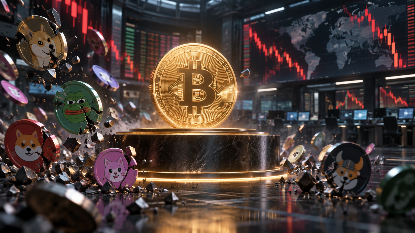 Un Bitcoin reste stable sur un socle tandis que plusieurs tokens spéculatifs chutent autour de lui
