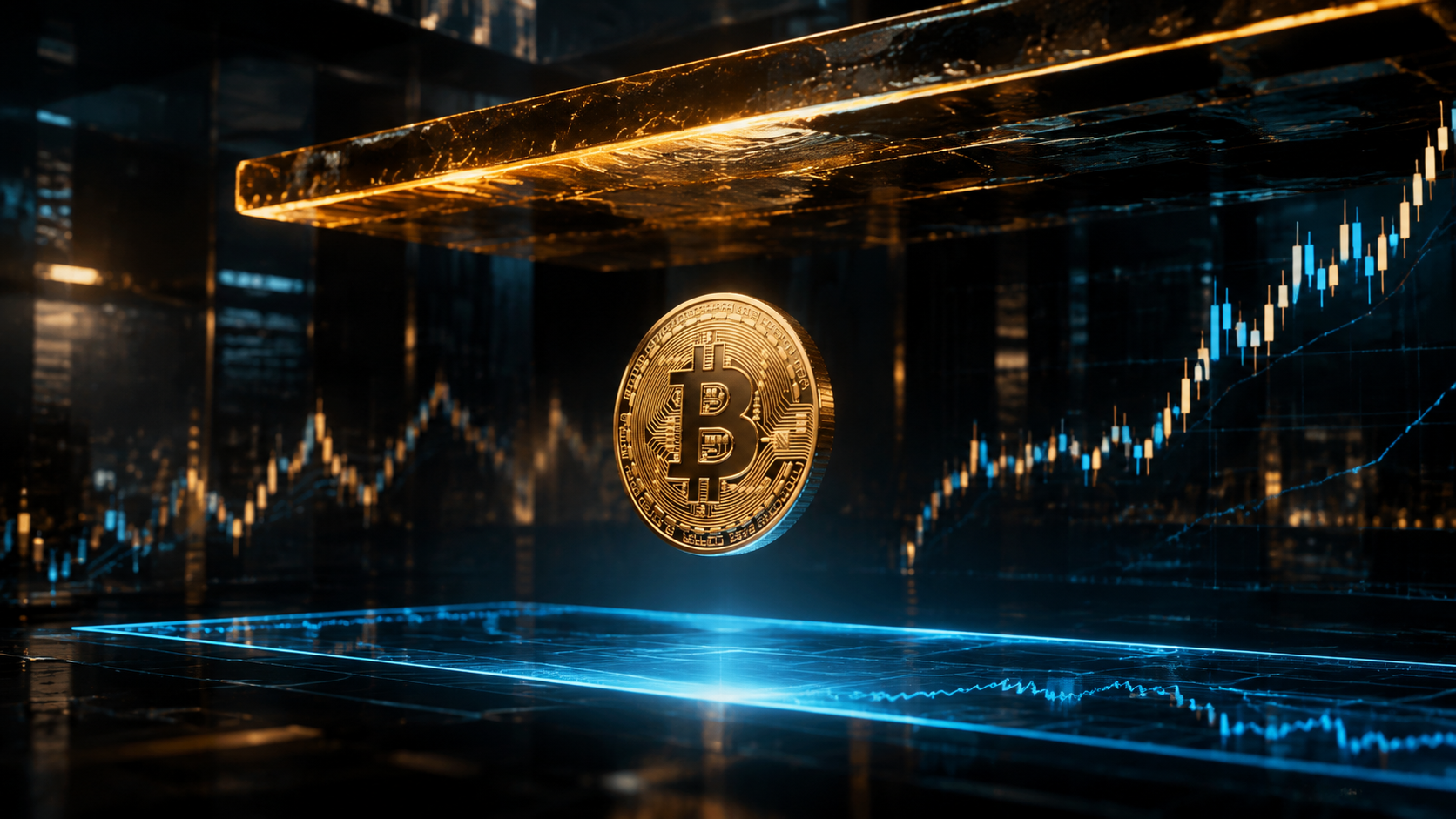 Une pièce Bitcoin évolue entre une zone de support lumineuse et une résistance imposante